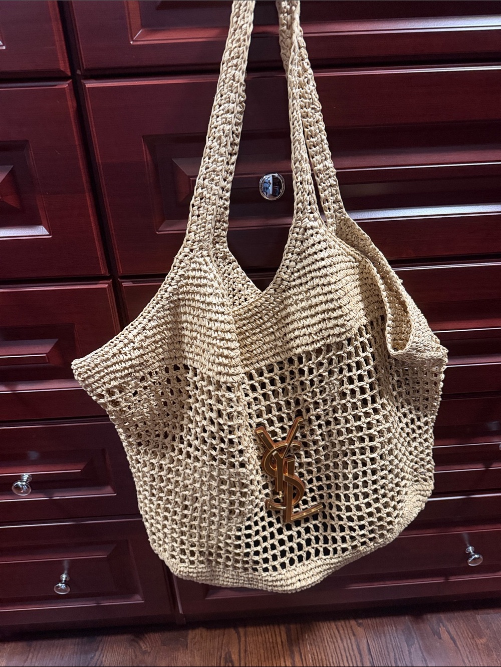 Saint Laurent Beige Crochet Tote with Gold YSL Emblem